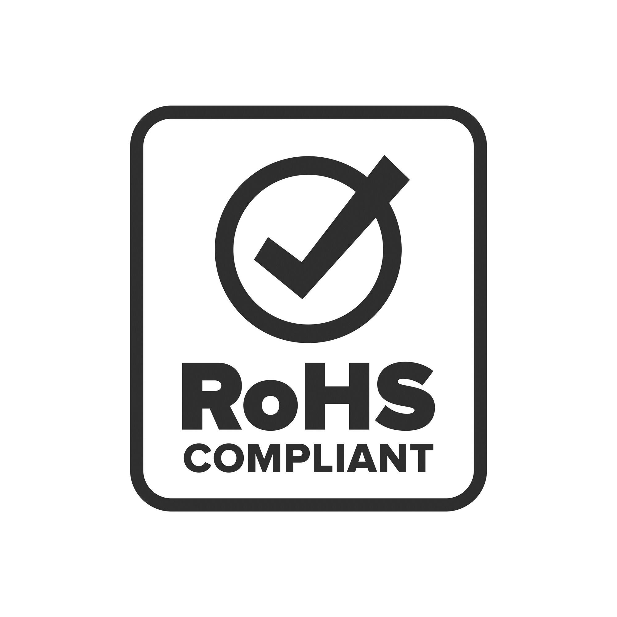 Rohs compliant logo Black line forming a rectangle surrounding checkmark with circle and words Rohs Compliant