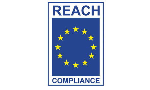 REACH Compliant logo Blue rectangle surrounding circle of yellow stars with words REACH compliant above and below